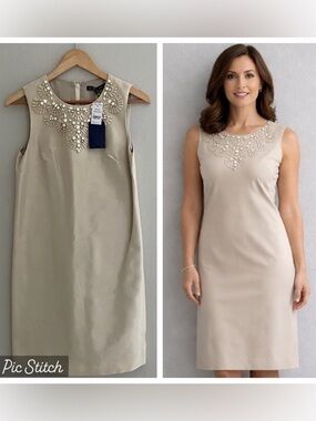 🆕 NWT Brooks Brothers Soft Beige Embellished Beaded Sleeveless Knee Length Dress